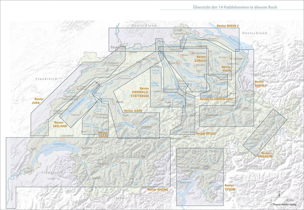 Regionen-Karte Buch 'Paddelland Schweiz' 2. Auflage